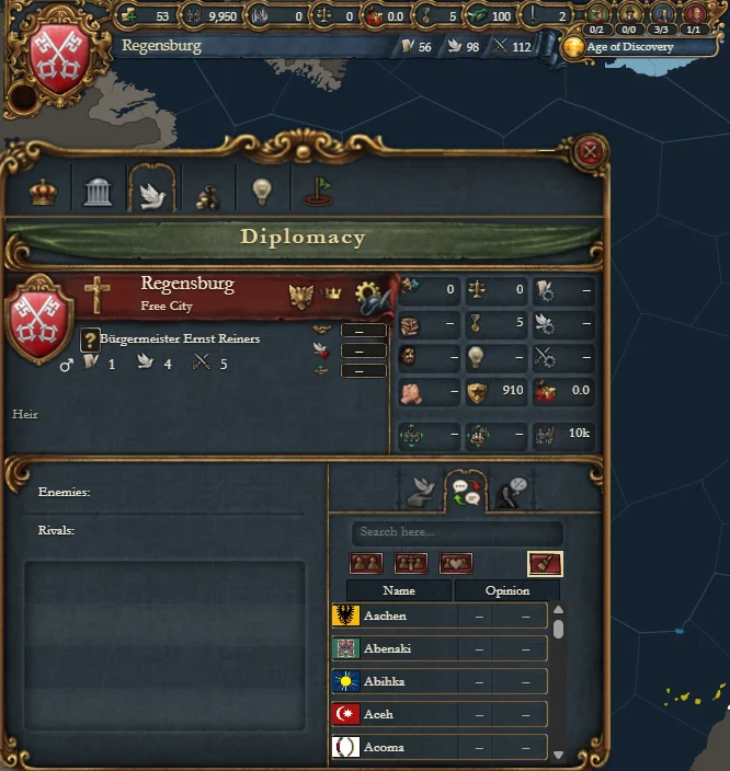 The Diplomacy tab of Regensburg, with the opinion list
