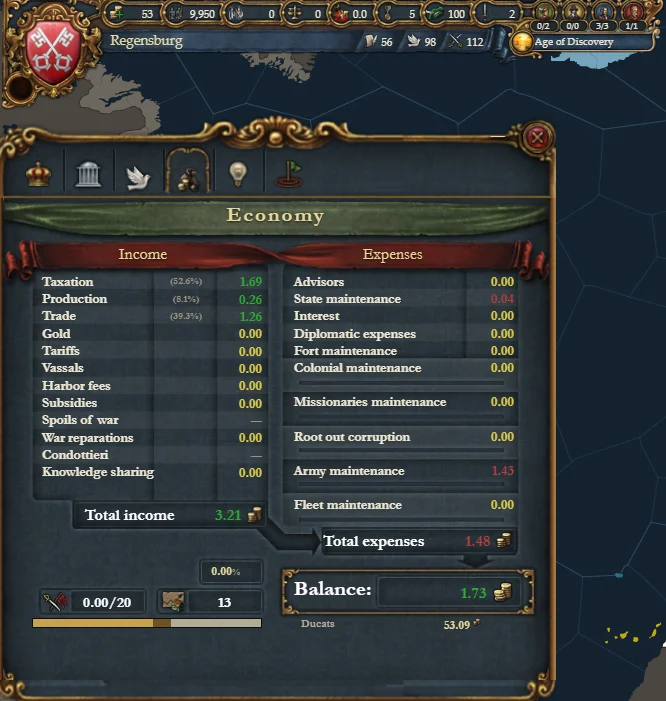 The Economy tab of Regensburg, with income and expenses