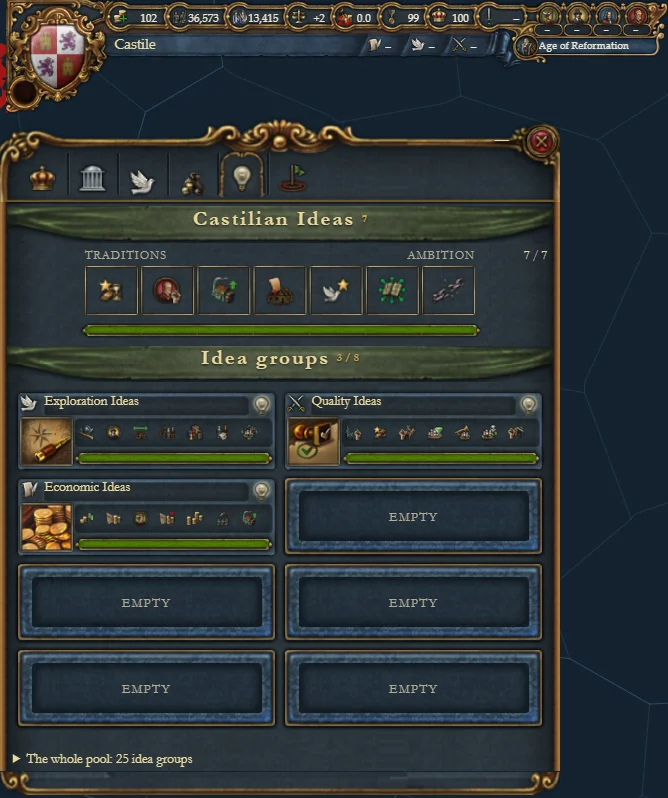 The Ideas tab of Castile, with three idea groups