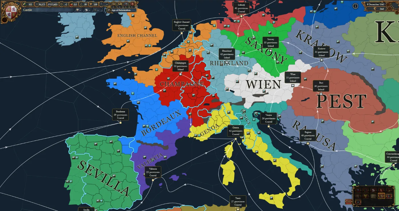 Europe in the trade map mode, with a box for each trade node and white trade routes