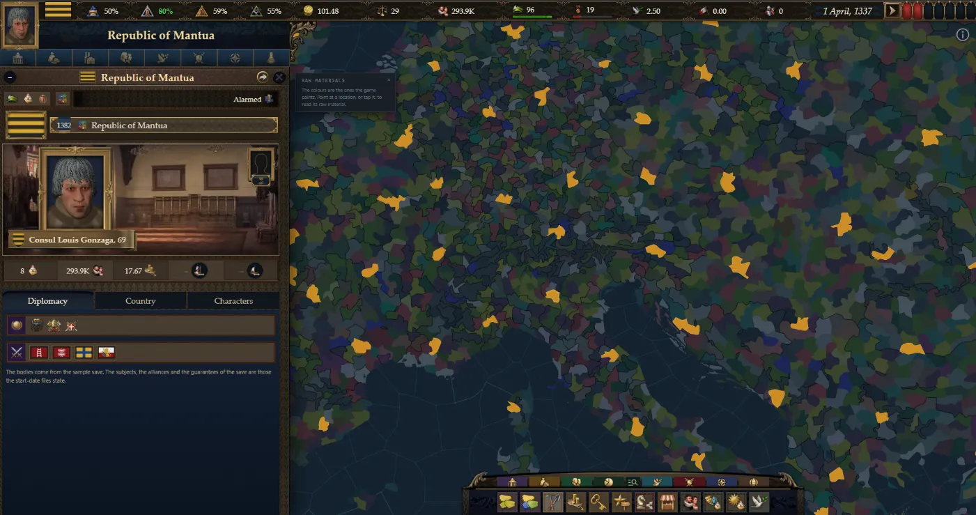 Italy in the raw materials map mode, with the locations of one material in orange