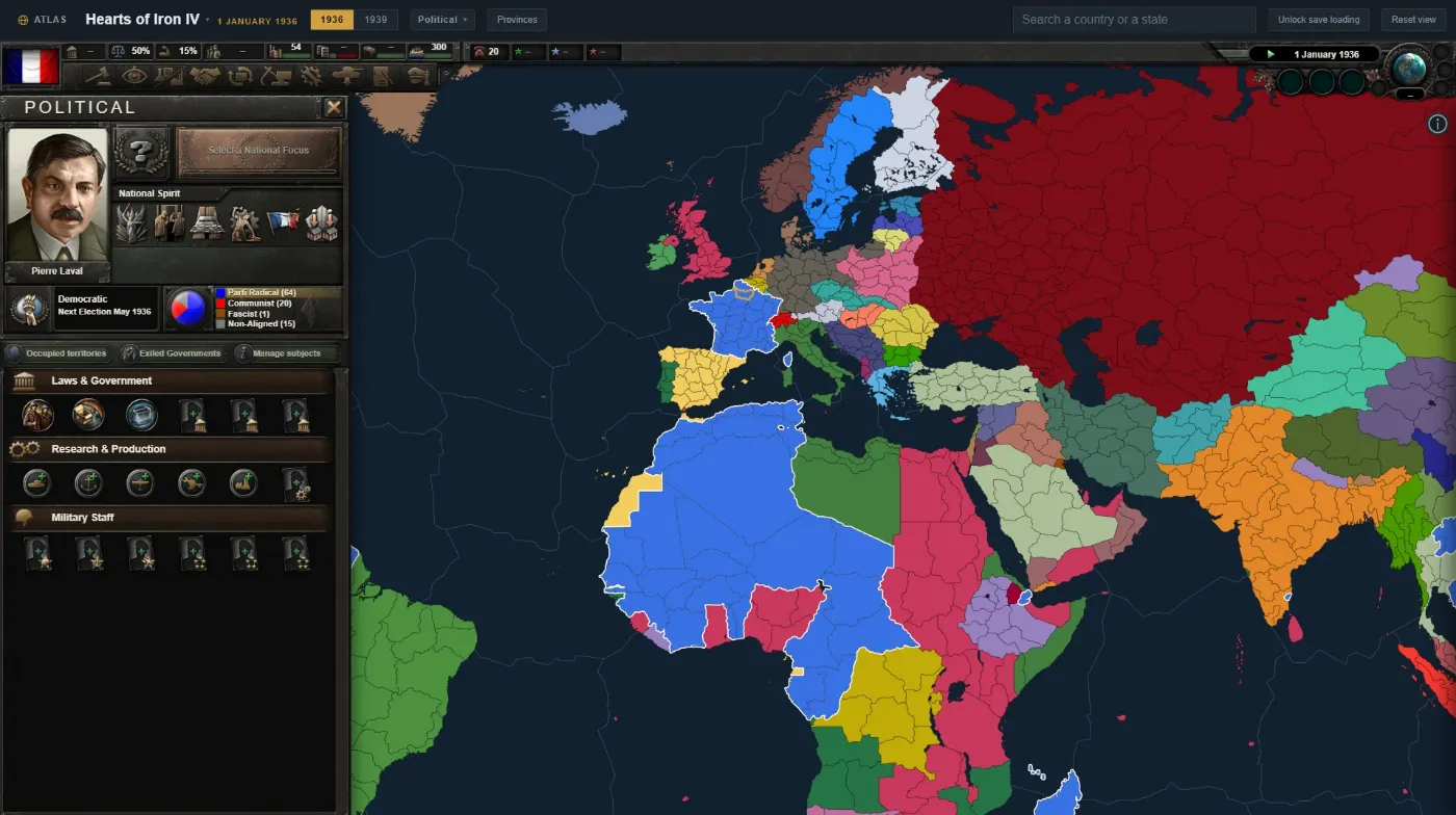 The politics view of France in 1936, beside the map of Europe and Africa